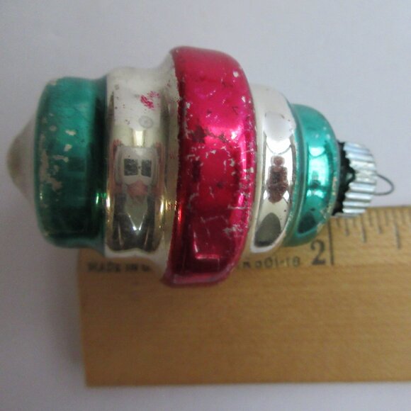 2 Shiny Brite Striped Glass Barrel Chirstmas Ornaments & 1 Fluted teardrop Vtg - Picture 5 of 16